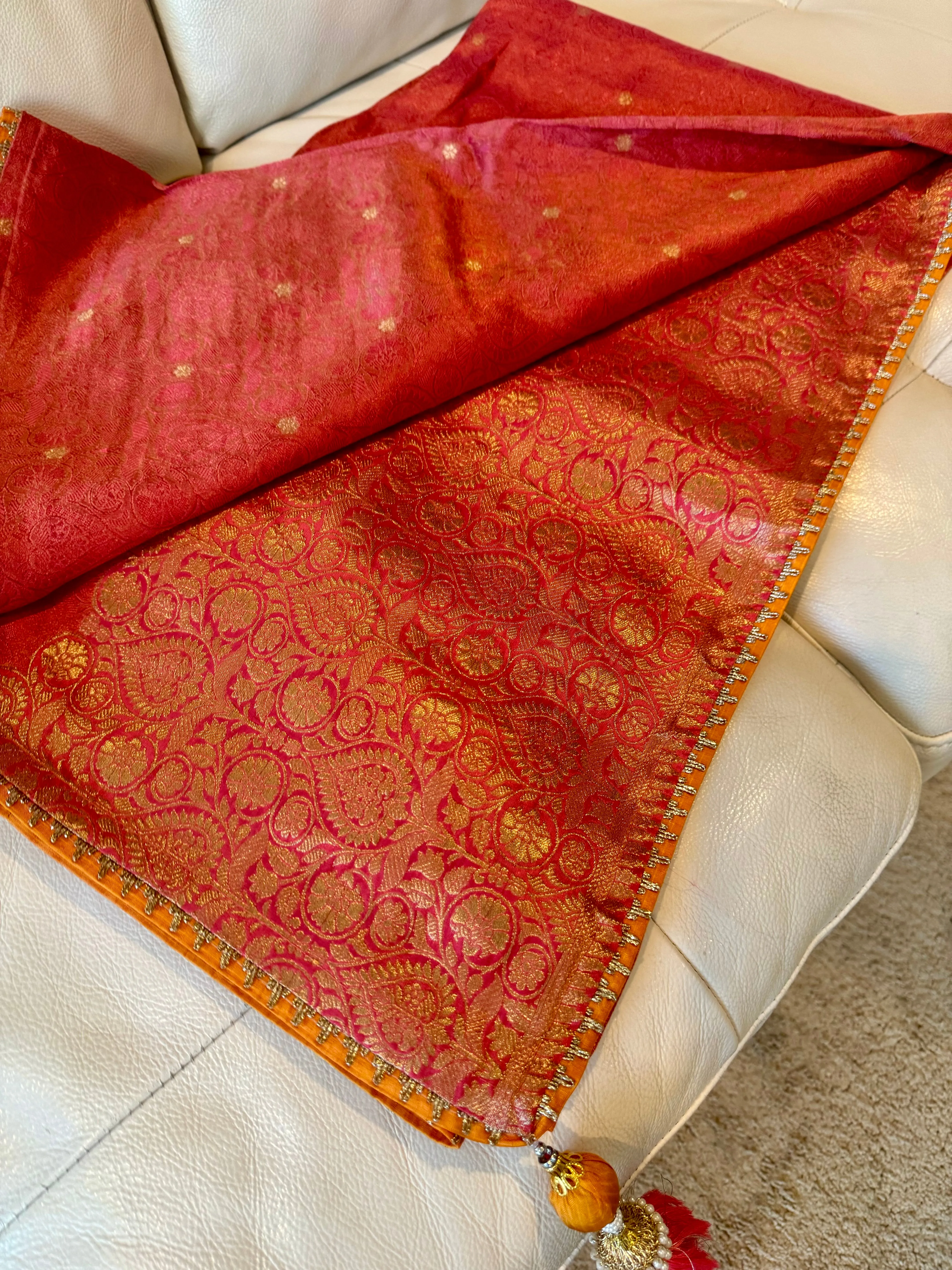 Coral Pink and Orange Katan Tanchoi Silk Saree