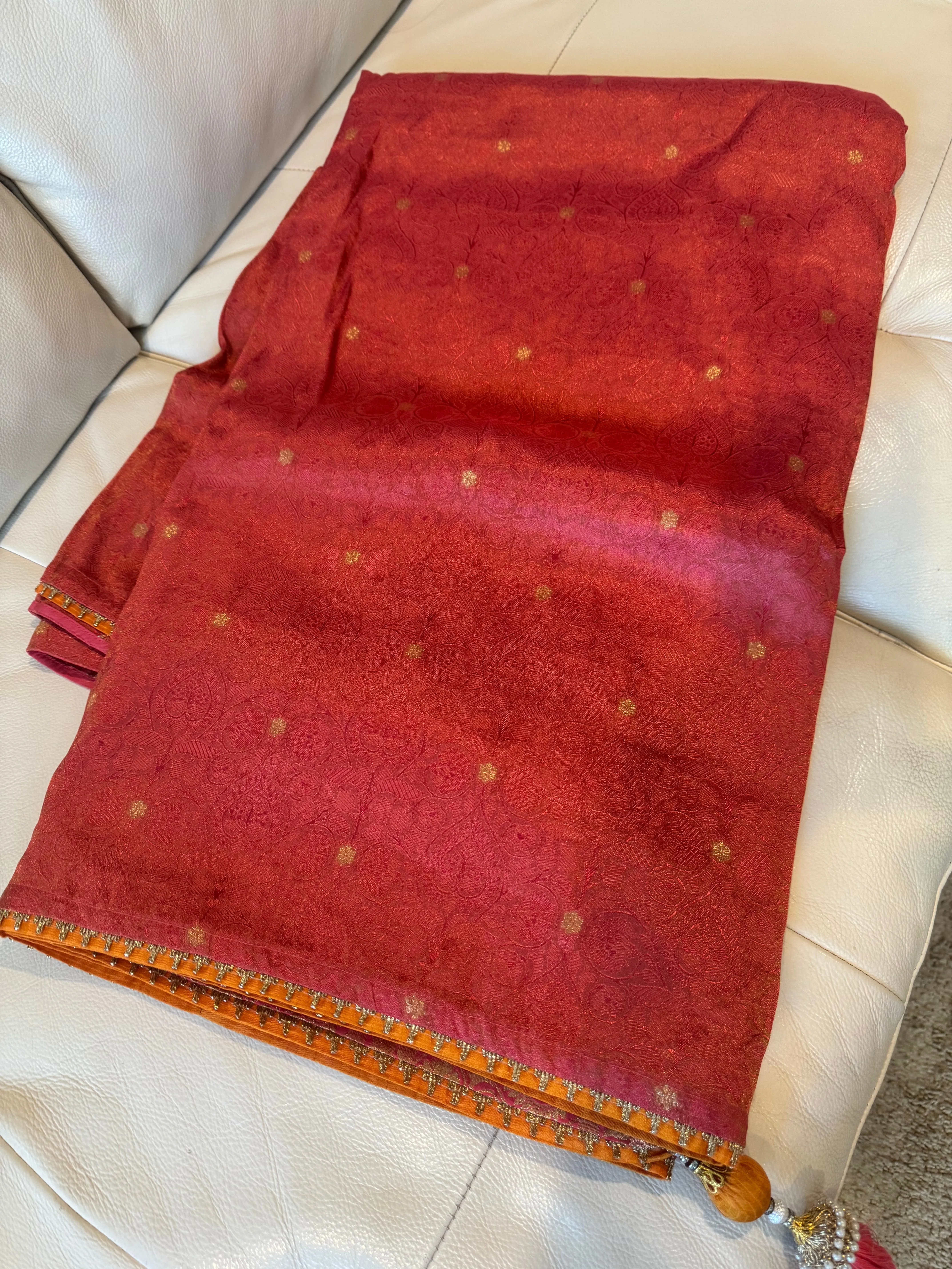 Coral Pink and Orange Katan Tanchoi Silk Saree
