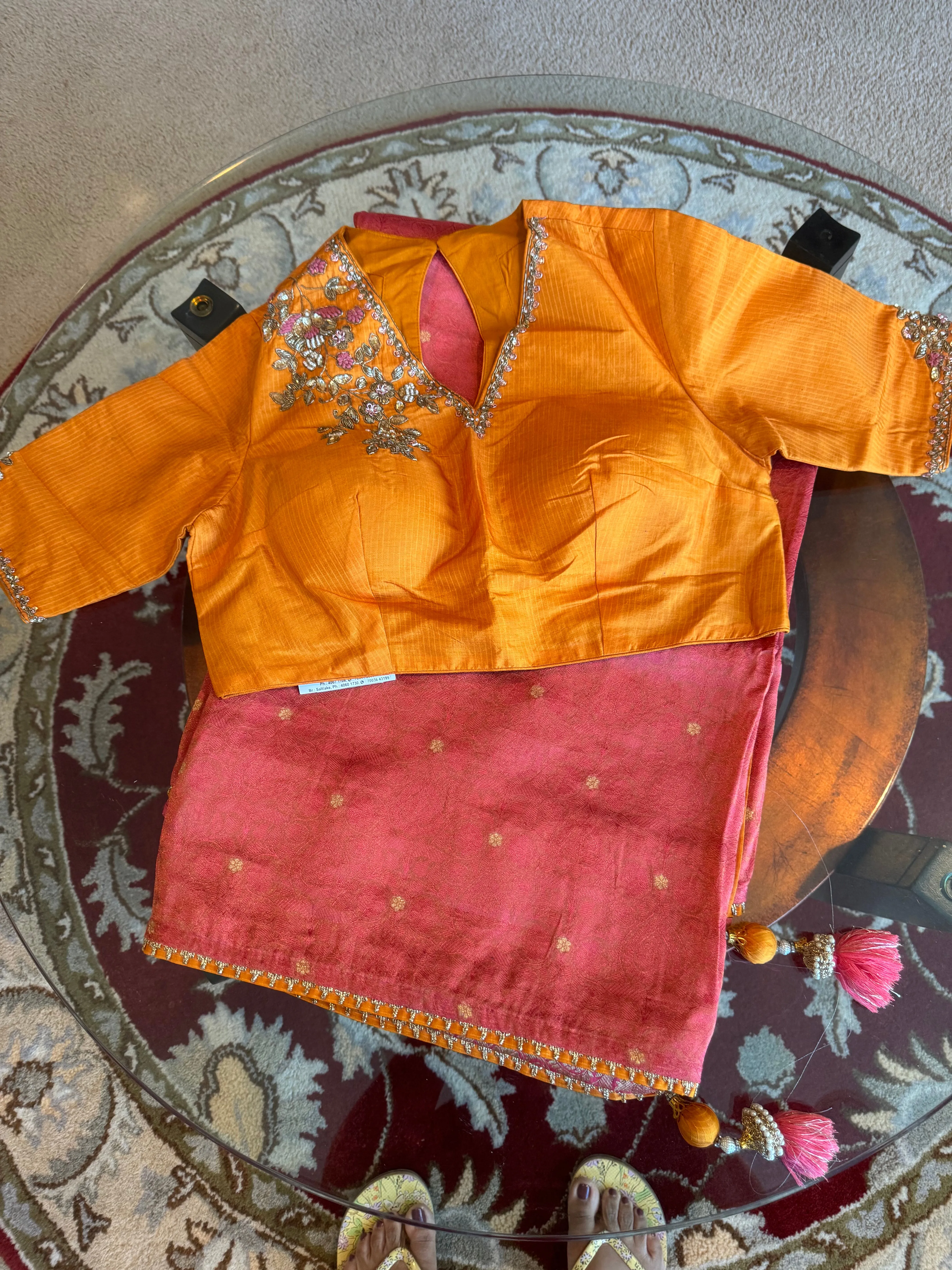 Coral Pink and Orange Katan Tanchoi Silk Saree