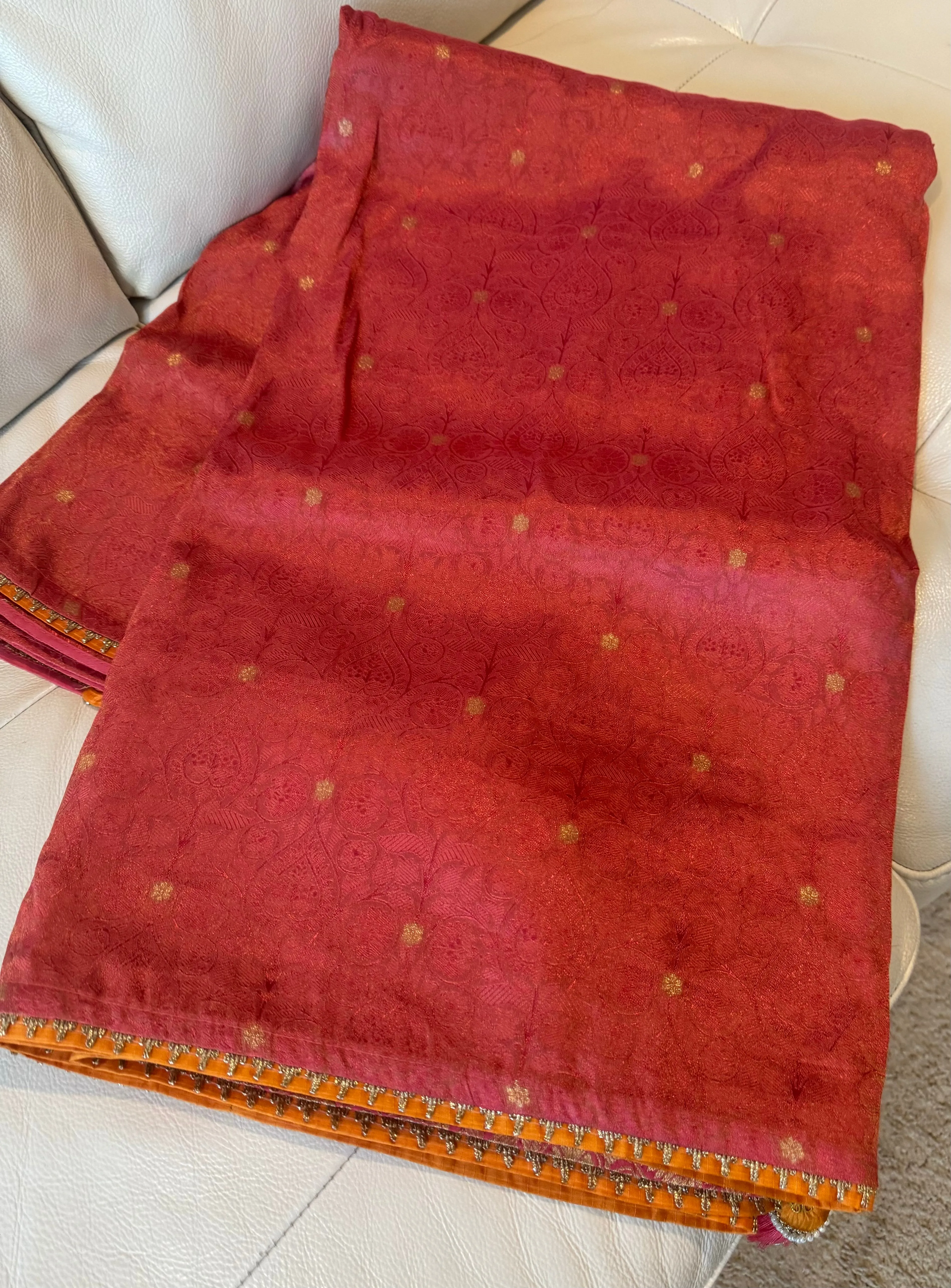 Coral Pink and Orange Katan Tanchoi Silk Saree