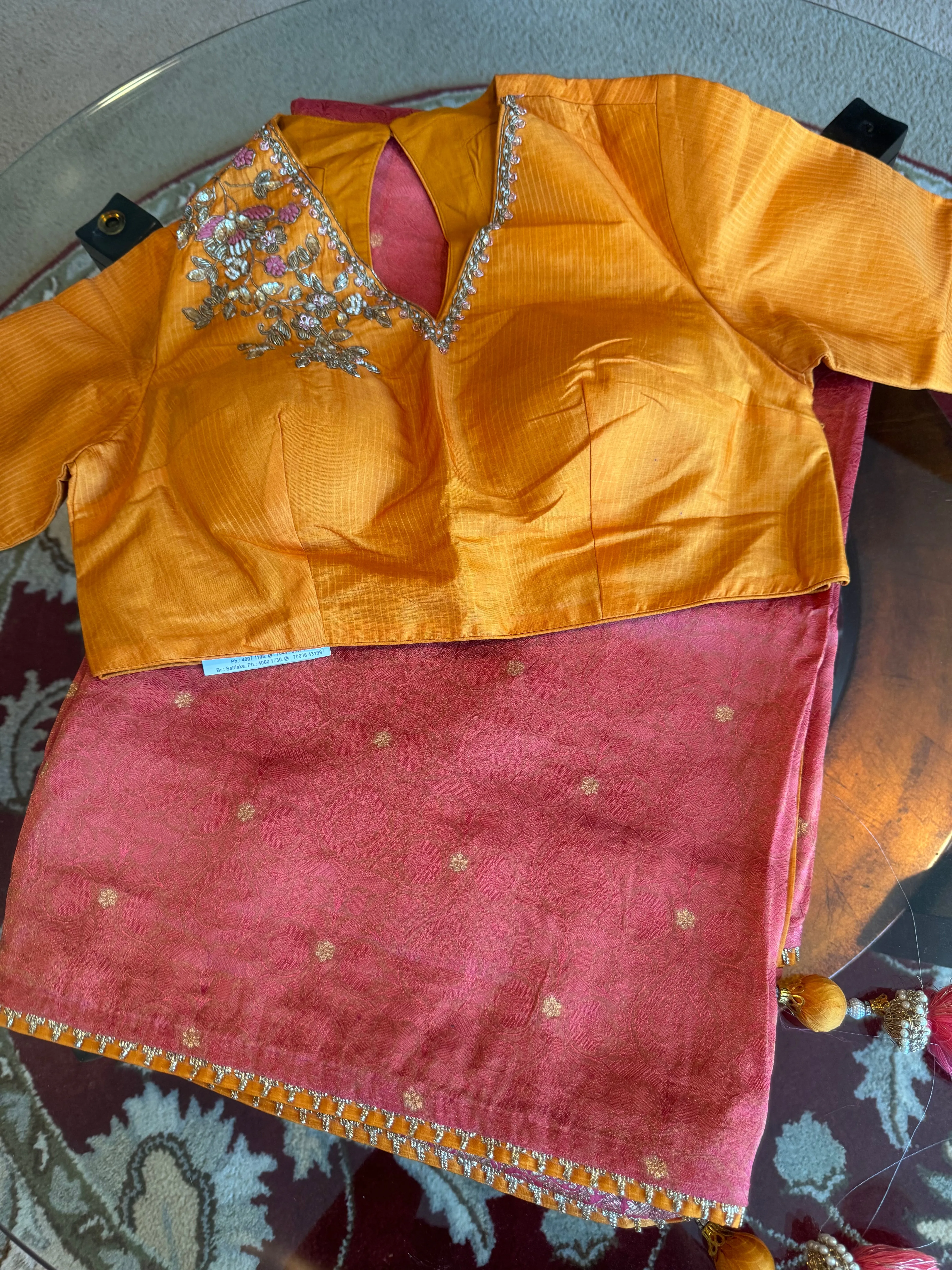 Coral Pink and Orange Katan Tanchoi Silk Saree