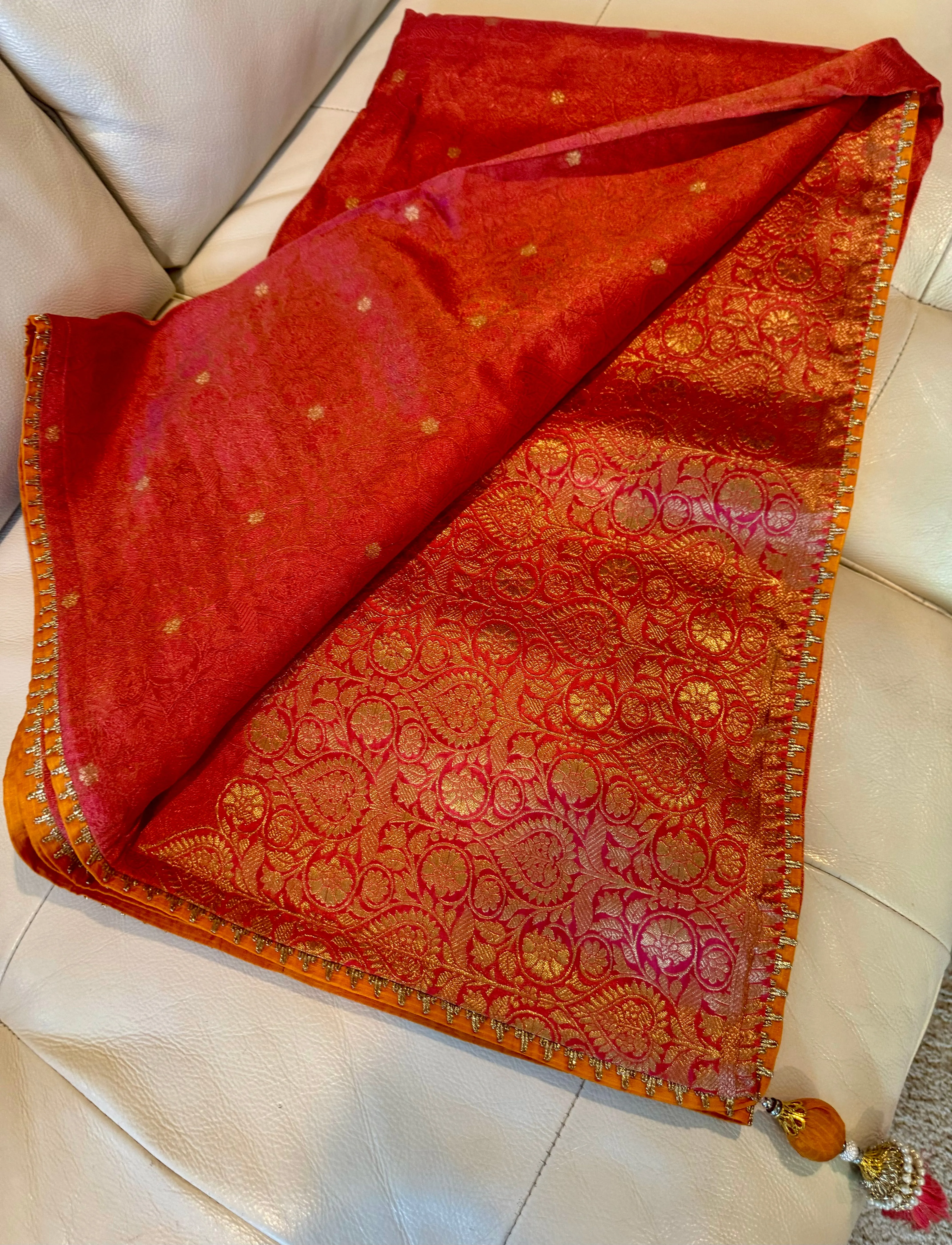 Coral Pink and Orange Katan Tanchoi Silk Saree