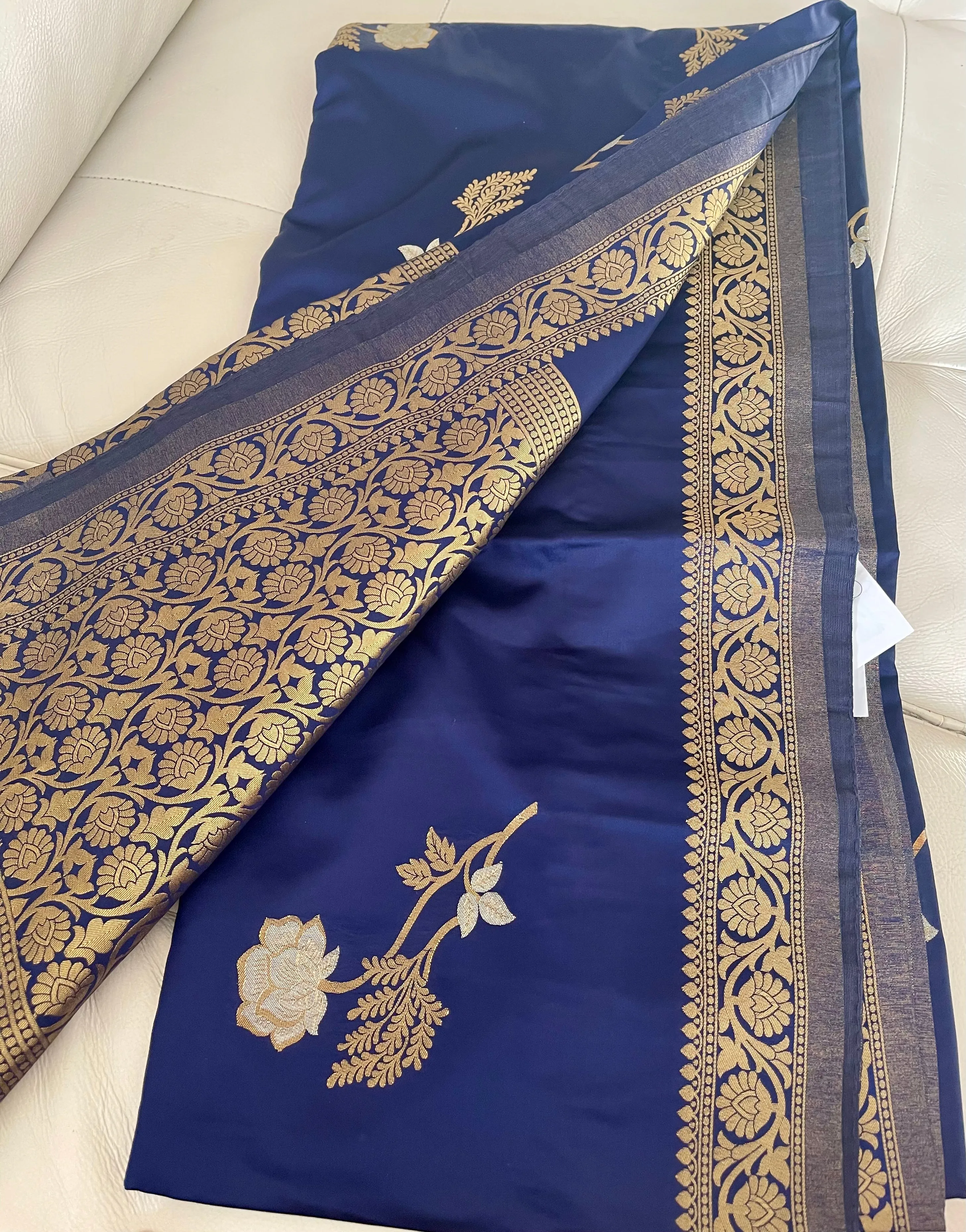Deep Blue and Gold Soft Silk Saree with Floral Design