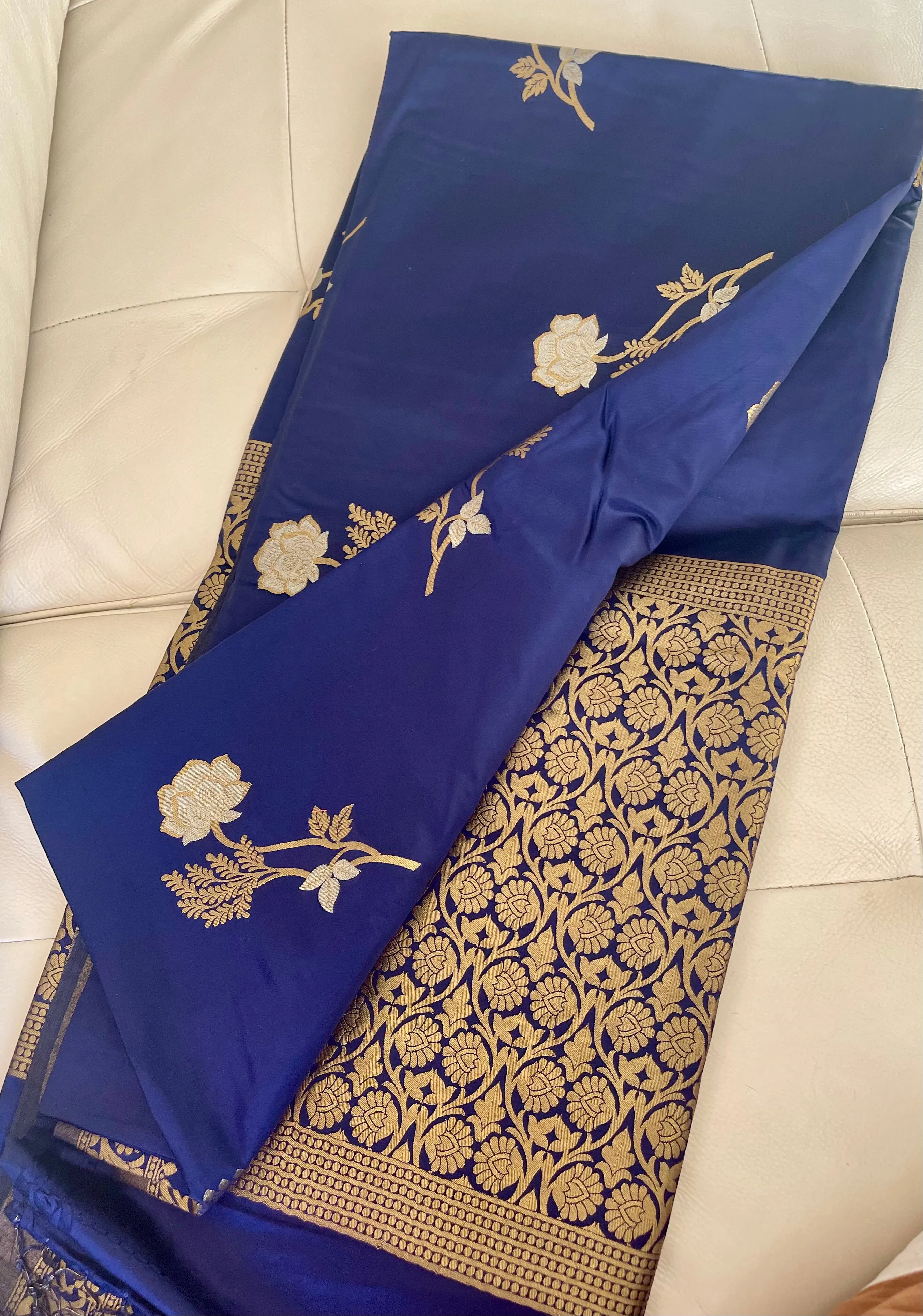 Deep Blue and Gold Soft Silk Saree with Floral Design
