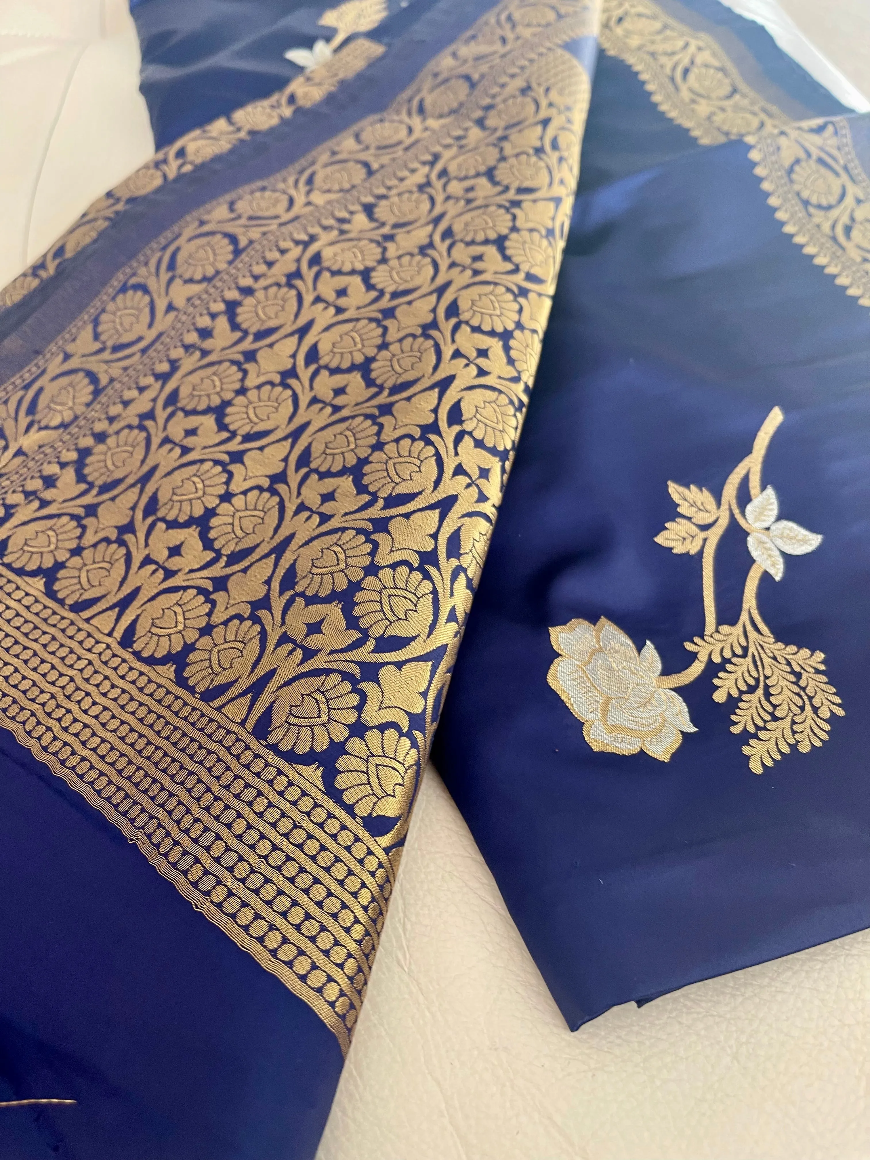 Deep Blue and Gold Soft Silk Saree with Floral Design