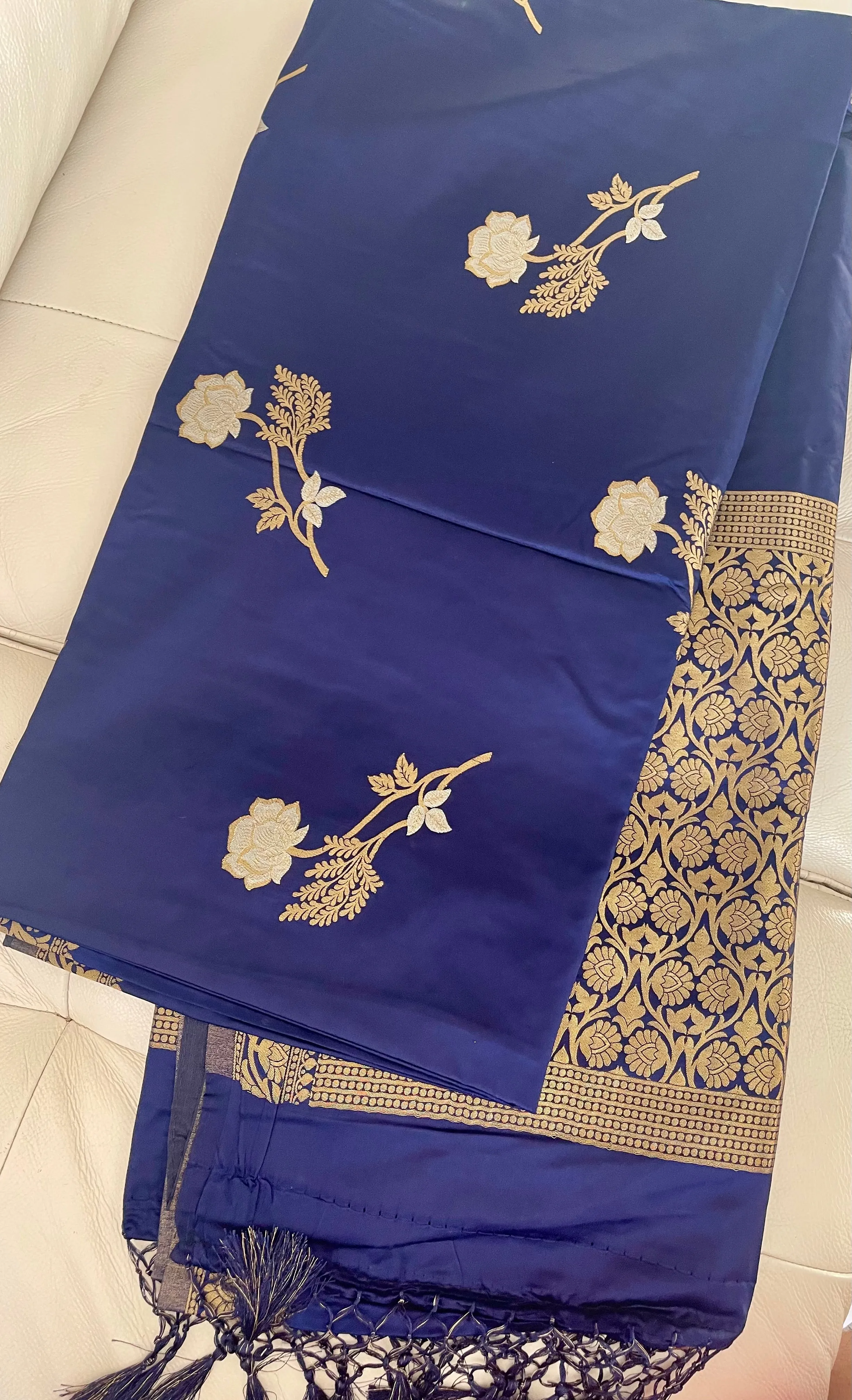 Deep Blue and Gold Soft Silk Saree with Floral Design