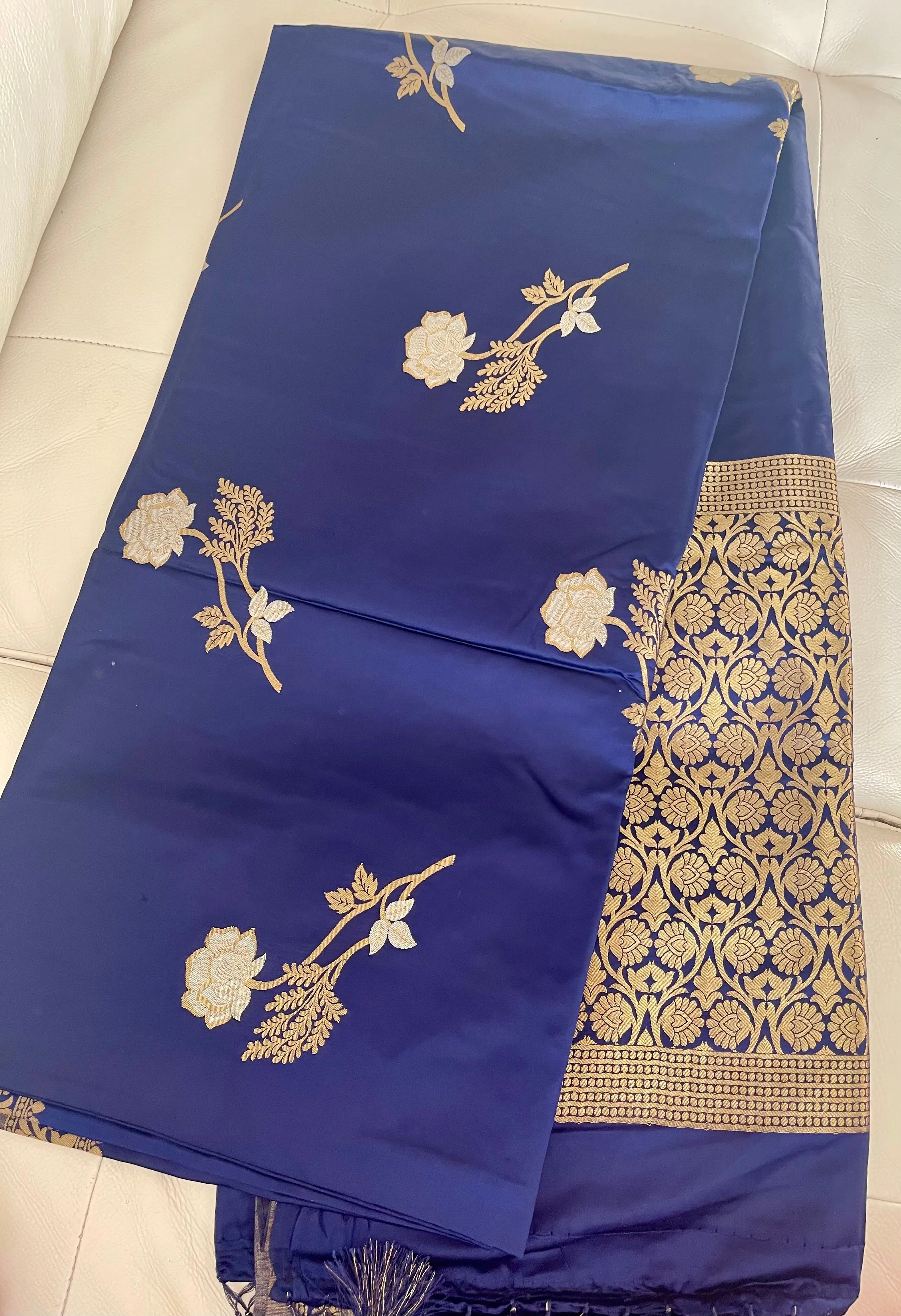 Deep Blue and Gold Soft Silk Saree with Floral Design