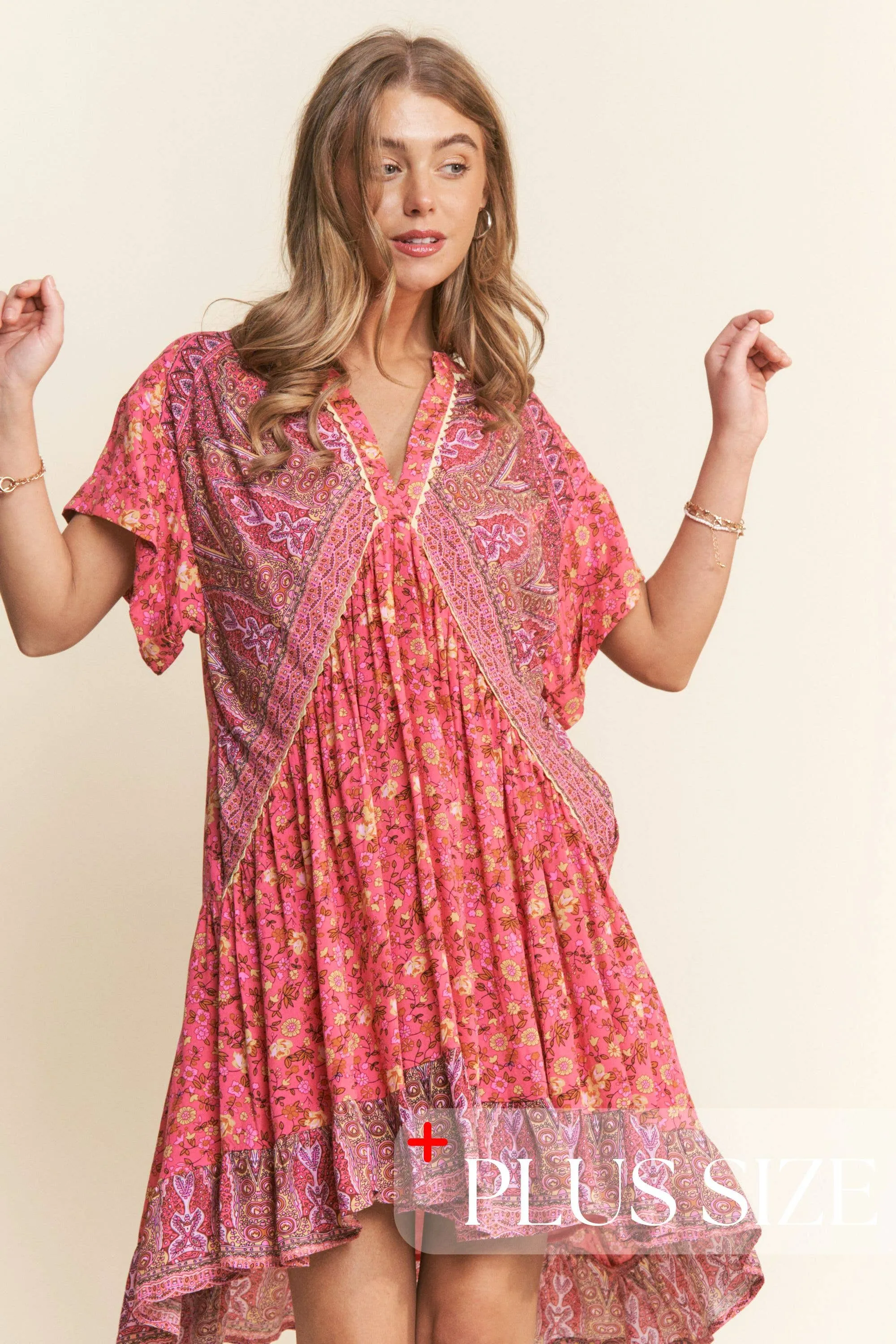 Floral Multi Print Tiered Tunic V Neck Dress