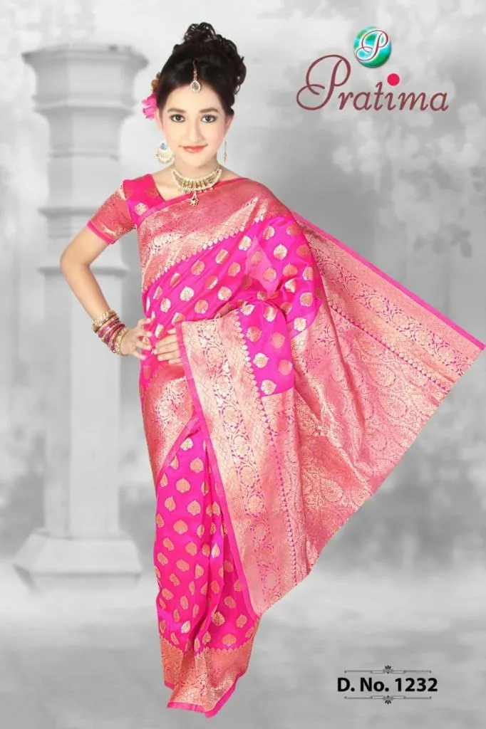 Girl's Ethnic Annaprashan Bengali style Banarasi Pink Ready to Wear Pre-stitched Saree