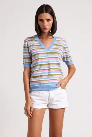 Supima Cotton Cashmere Short Sleeve Multi Stripe V Neck